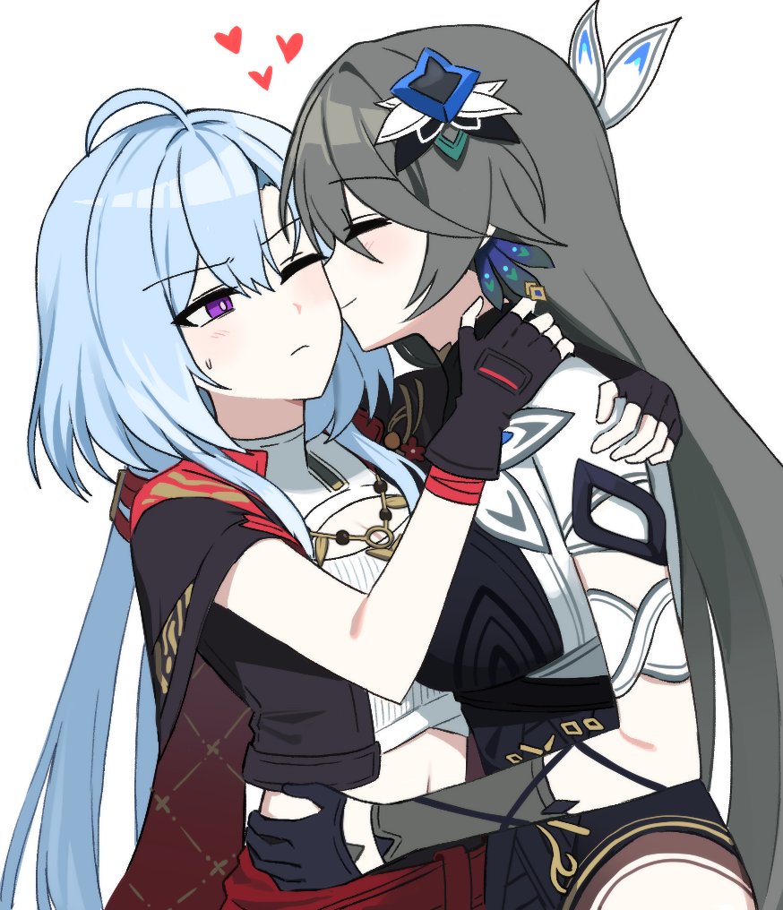 2girls, arm_around_shoulder, black_gloves, black_jacket, blue_hair, cleavage_cutout, closed_eyes, clothing_cutout, crop_top, earrings, fingerless_gloves, gloves, grey_hair, griseo, griseo_(cosmic_expression), griseo_(gokudo_brushstrokes), hair_between_eyes, hand_on_another's_neck, hand_on_another's_waist, heart, honkai_(series), honkai_impact_3rd, jacket, jewelry, kiss, kissing_cheek, light_blue_hair, lix_(iroiro3843), long_hair, midriff, multiple_girls, navel, necklace, one_eye_closed, shirt, simple_background, smile, very_long_hair, violet_eyes, vita_(honkai_impact), vita_(lone_planetfarer)_(honkai_impact), white_background, white_shirt, yuri