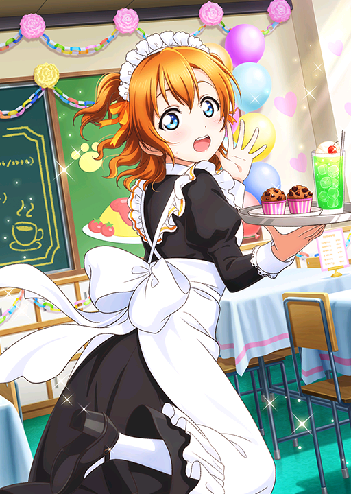 1girl, apron, balloon, black_dress, black_footwear, blue_eyes, blush, bow, chair, chalkboard, check_hairstyle, classroom, dress, drink, food, frills, hand_up, heart, holding, holding_tray, indoors, juliet_sleeves, kosaka_honoka, leg_up, long_sleeves, looking_at_viewer, looking_back, love_live!, love_live!_school_idol_festival, love_live!_school_idol_project, maid, maid_apron, maid_headdress, medium_hair, muffin, official_alternate_costume, official_alternate_hairstyle, official_art, open_mouth, orange_hair, puffy_sleeves, ribbon, shoes, solo, sparkle, sweatdrop, teeth, third-party_source, tray, two_side_up, upper_teeth_only, white_apron