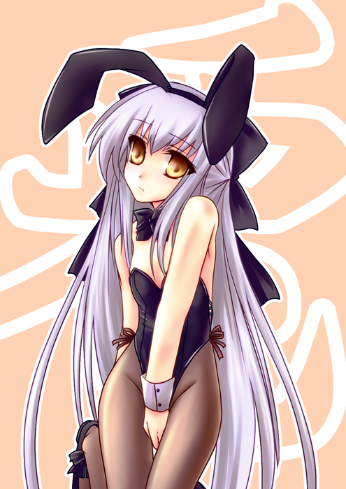 brown_eyes, bunny_ears, bunnysuit, long_hair, original, pantyhose, silver_hair, solo