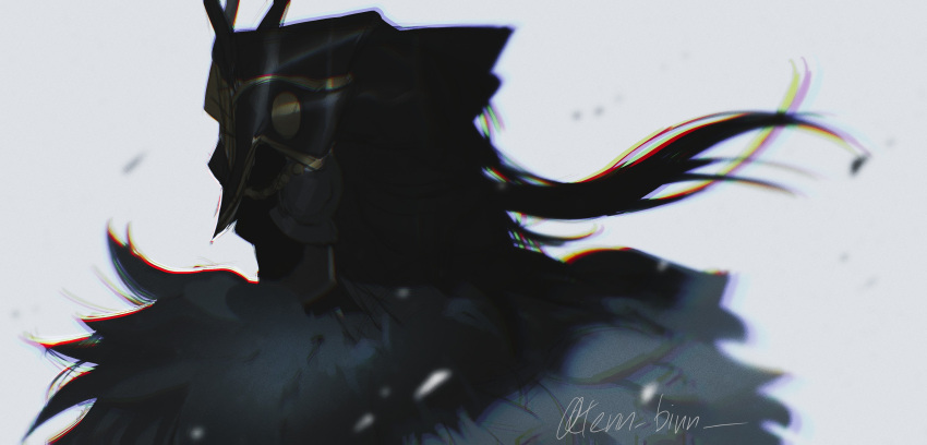 1boy, absurdres, black_feathers, black_hair, black_helmet, capitano_(genshin_impact), commentary, faceless