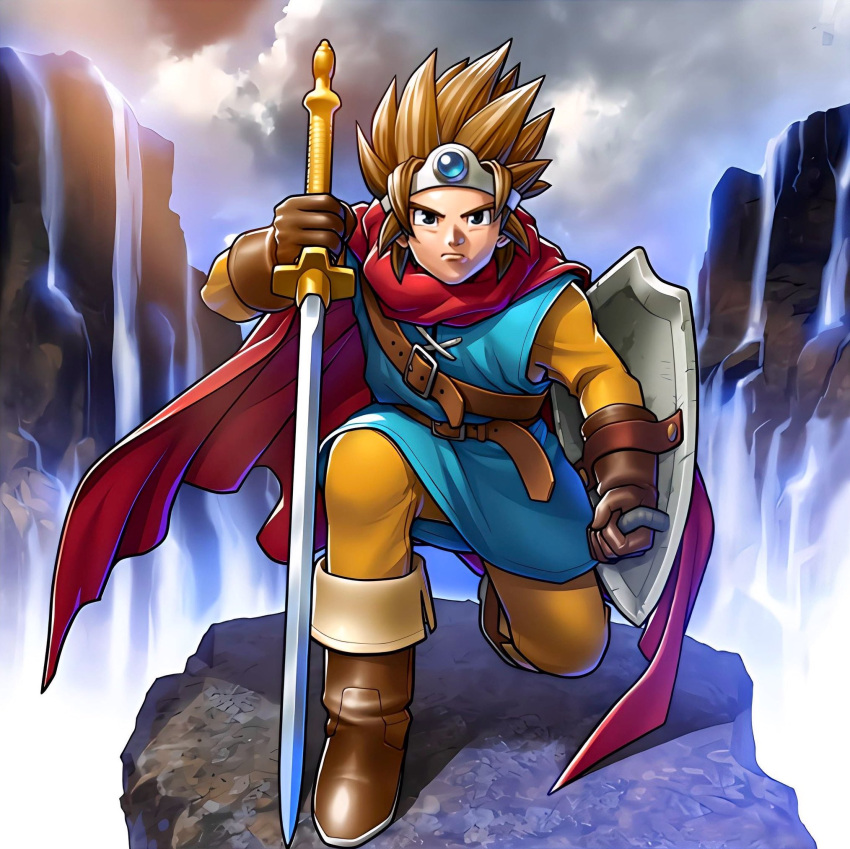 1boy, artist_request, black_eyes, blue_tunic, boots, brown_footwear, brown_gloves, brown_hair