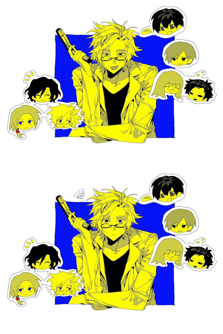 2girls, 5boys, absurdres, aiba_yuusuke, blue_eyes, chibi, chibi_inset, chinese_commentary, closed_eyes, closed_mouth, commentary_request, enomoto_noa, frown, glasses, gun, hair_between_eyes, hair_bobbles, hair_ornament, handgun, heart, highres, holding, holding_gun, holding_weapon, jabuchi_you, kanou_aogu, low_ponytail, monochrome, multiple_boys, multiple_girls, niimi_kazuya, open_mouth, ordnung, saibou_shinkyoku, short_hair, side_ponytail, smile, spot_color, squiggle, tanaka_yuki, utsugi_noriyuki, weapon