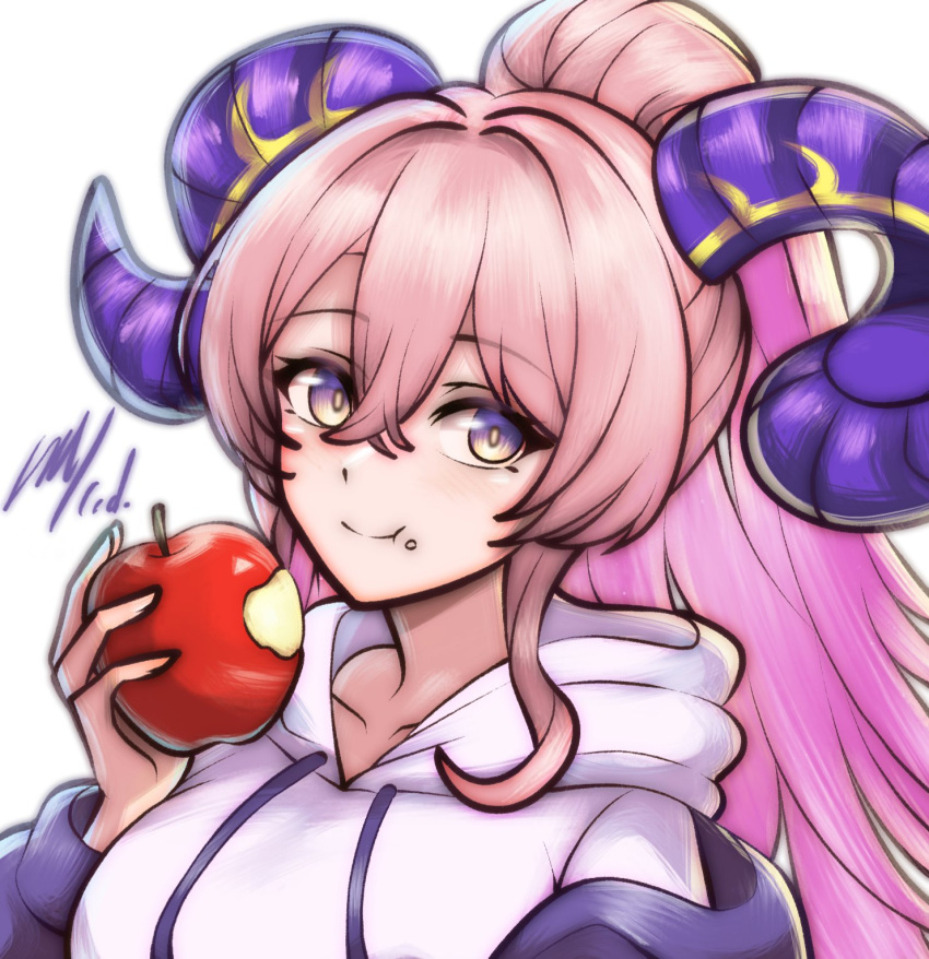 1girl, alternate_costume, apple, artist_name, eating, fire_emblem, fire_emblem_heroes, food, fruit, goat_horns, highres, holding, holding_food, holding_fruit, hood, hoodie, horns, long_hair, looking_at_viewer, nerthuz_(fire_emblem), pink_hair, ponytail, rotomdocs, simple_background, smile, solo, upper_body, very_long_hair, white_background