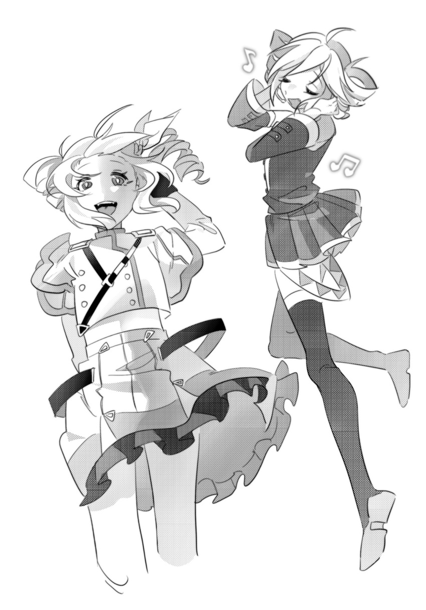 2girls, ahoge, akiham, arm_behind_back, arm_up, bare_shoulders, beamed_eighth_notes, boots