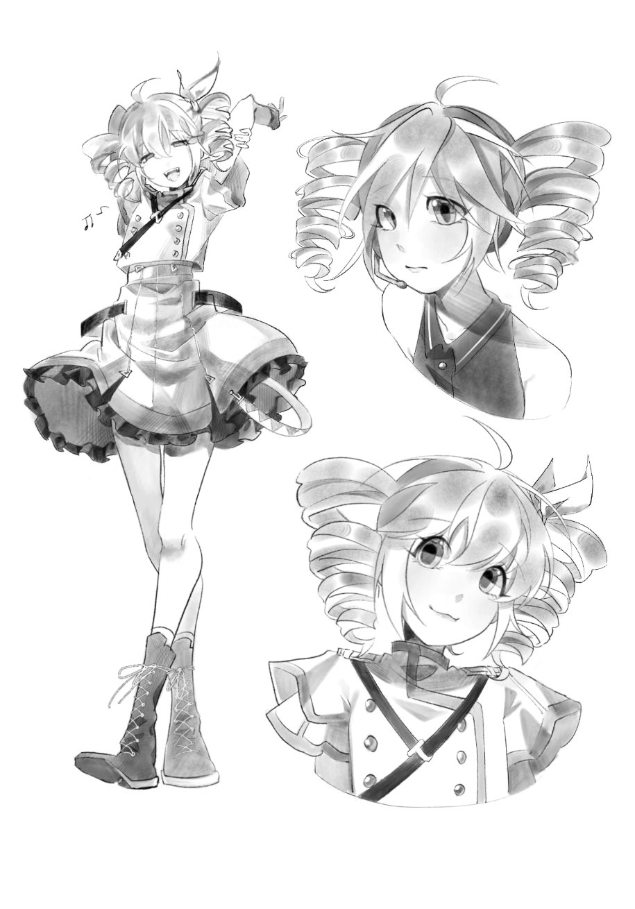 2girls, ahoge, akiham, beamed_eighth_notes, boots, buttons, closed_mouth, collared_shirt