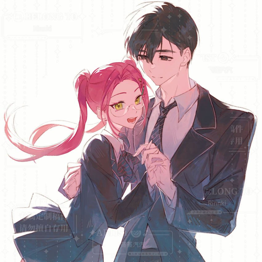 1boy, 1girl, alien_stage, arm_around_back, black_eyes, black_hair, blue_jacket, blue_skirt, bow, bowtie, collared_shirt, commentary, diagonal-striped_bow, diagonal-striped_bowtie, diagonal-striped_clothes, diagonal-striped_necktie, glasses, green_eyes, highres, holding_hands, interlocked_fingers, ivan_(alien_stage), jacket, long_hair, long_sleeves, looking_at_another, looking_at_viewer, mizi_(alien_stage), necktie, official_alternate_costume, open_mouth, pink_hair, red_pupils, rinnki, round_eyewear, shirt, short_hair, skirt, smile, striped_clothes, twintails, very_short_hair, watermark, white_background, white_shirt
