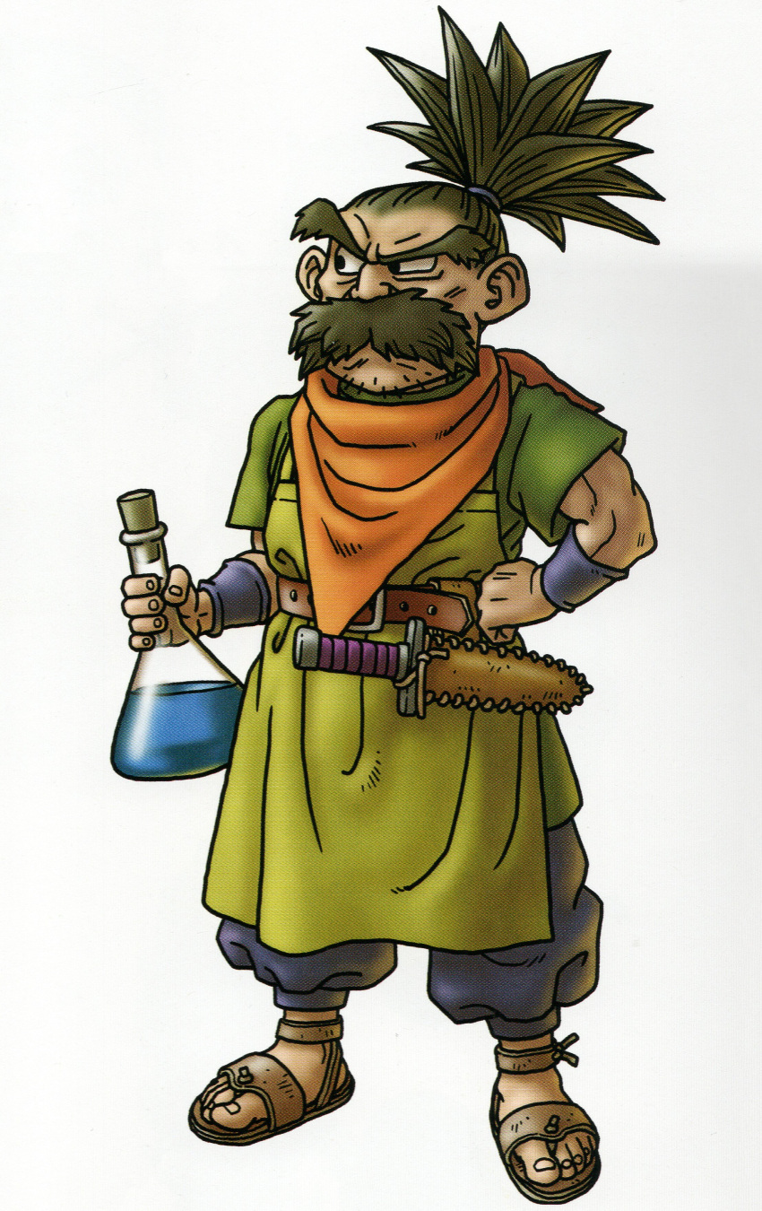 1boy, absurdres, ambiguous_blue_liquid, apron, beaker, black_eyes, blue_pants, brown_hair