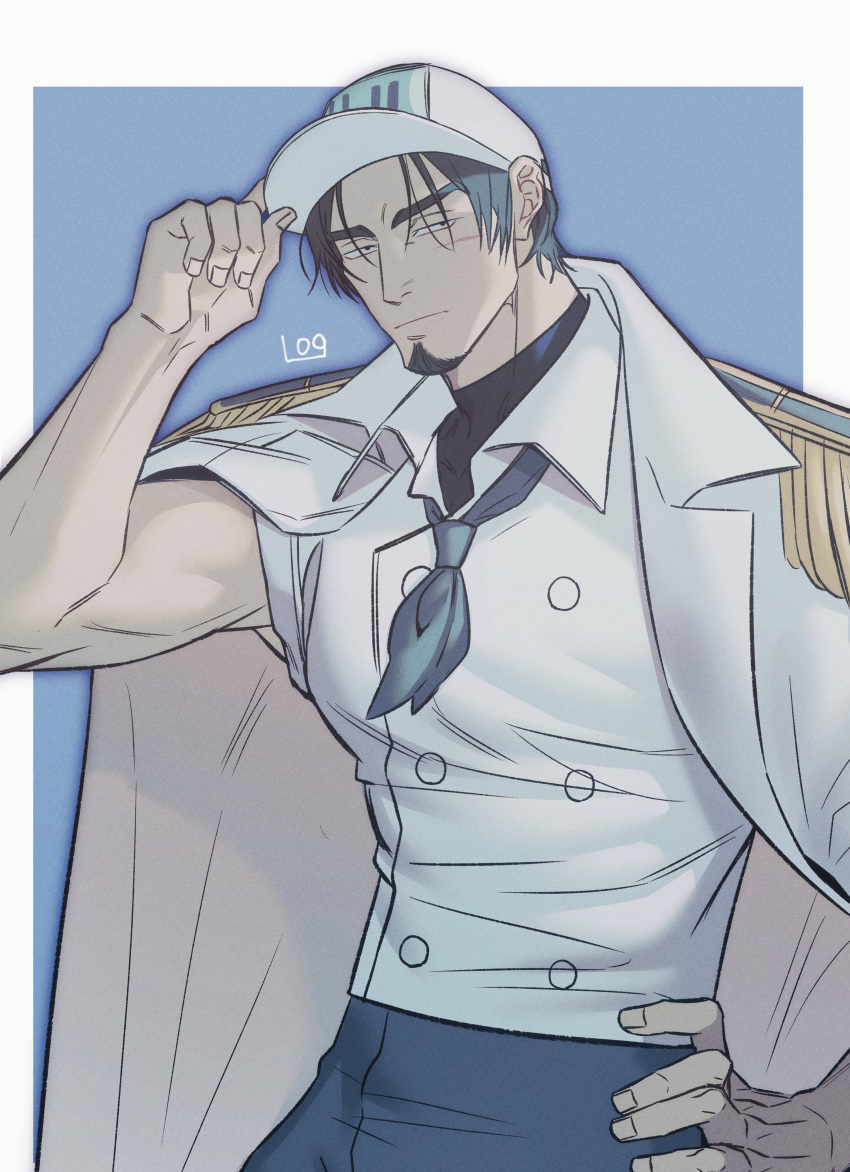 109ddong, 1boy, absurdres, adjusting_clothes, adjusting_headwear, baseball_cap, black_hair, blue_neckerchief, coat, coat_on_shoulders, commentary, elder_marine_brother, epaulettes, facial_hair, goatee, hat, highres, male_focus, neckerchief, one_piece, one_piece_fan_letter, scar, scar_on_face, solo, symbol-only_commentary