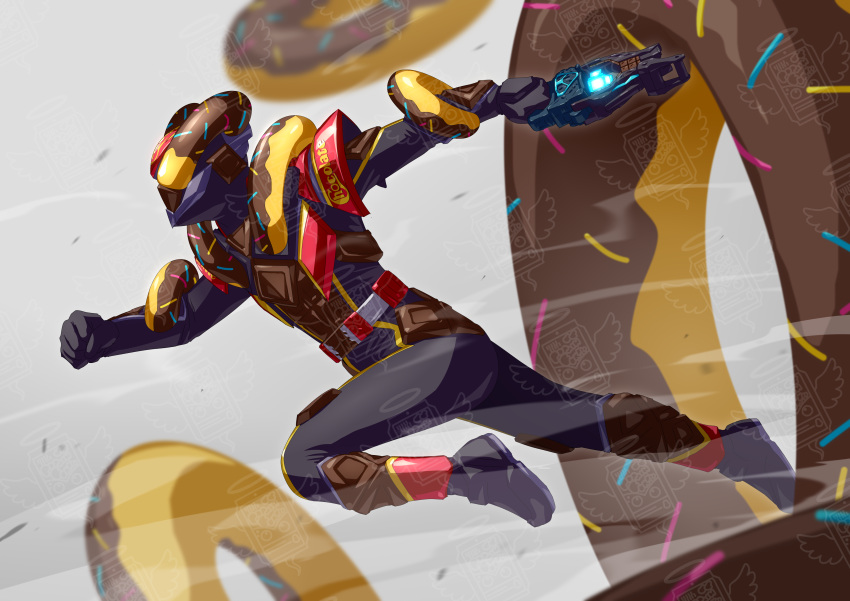 1boy, absurdres, armor, boots, commentary_request, doughnut, doumaru, energy_gun