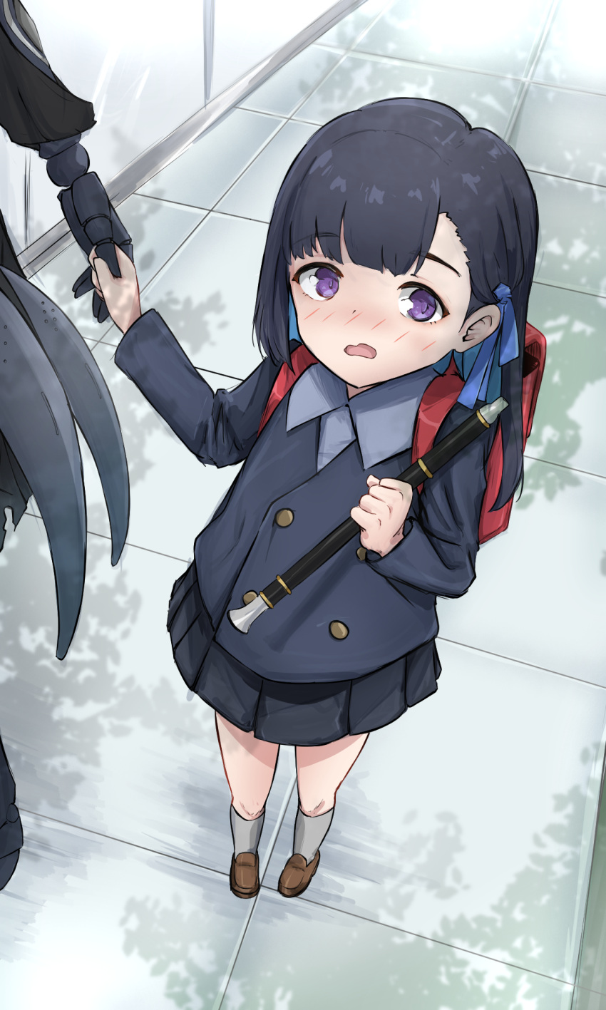 aged_down, aikawa_yumi, asymmetrical_bangs, backpack, bag, black_hair, black_jacket, black_skirt
