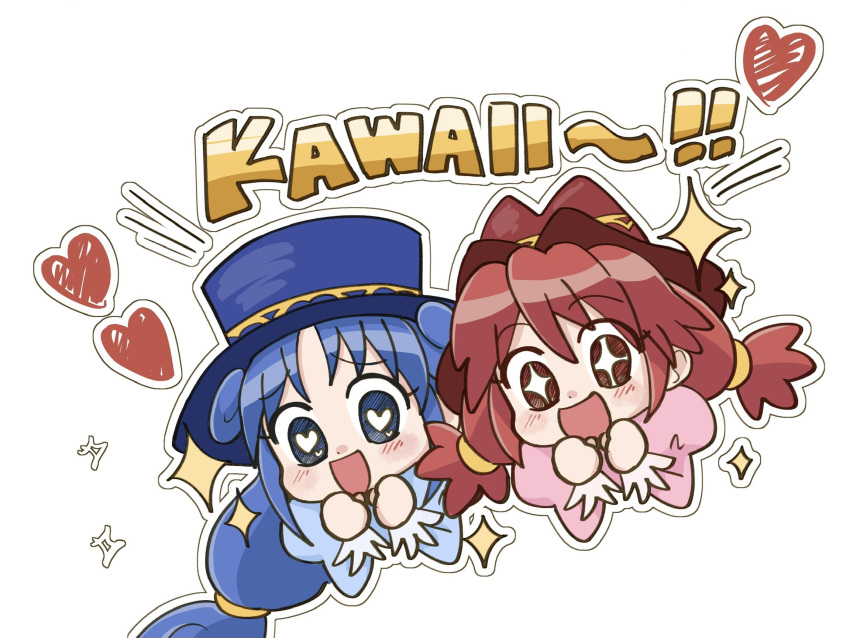 !, !!, 2girls, blue_coat, blue_eyes, blue_hair, blue_hat, blush