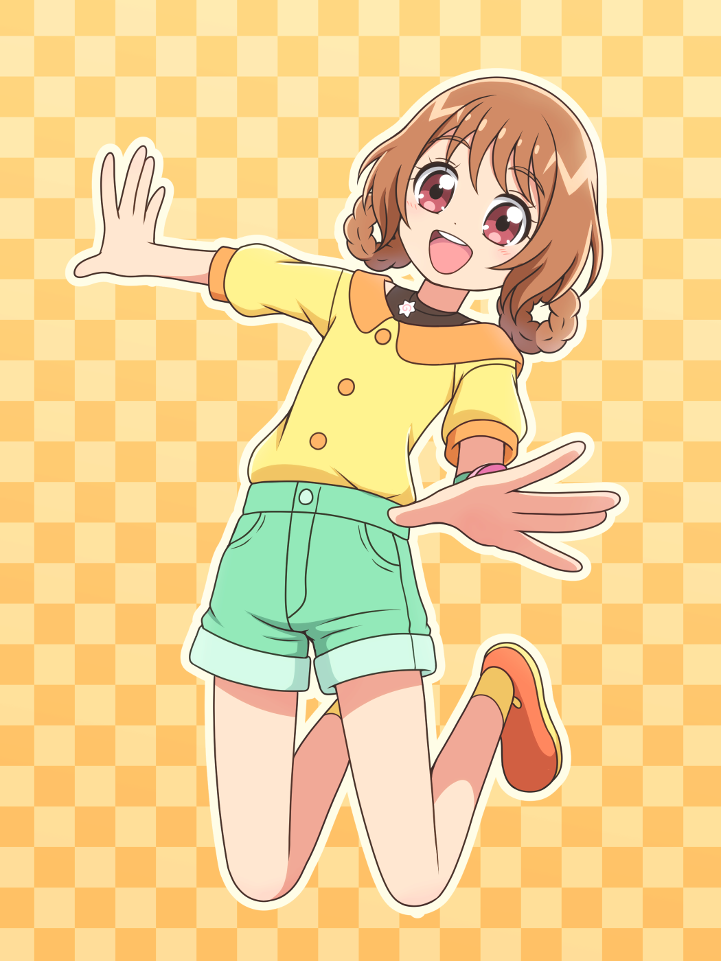1girl, :d, arm_up, bare_legs, birthday, black_undershirt, blush, braid