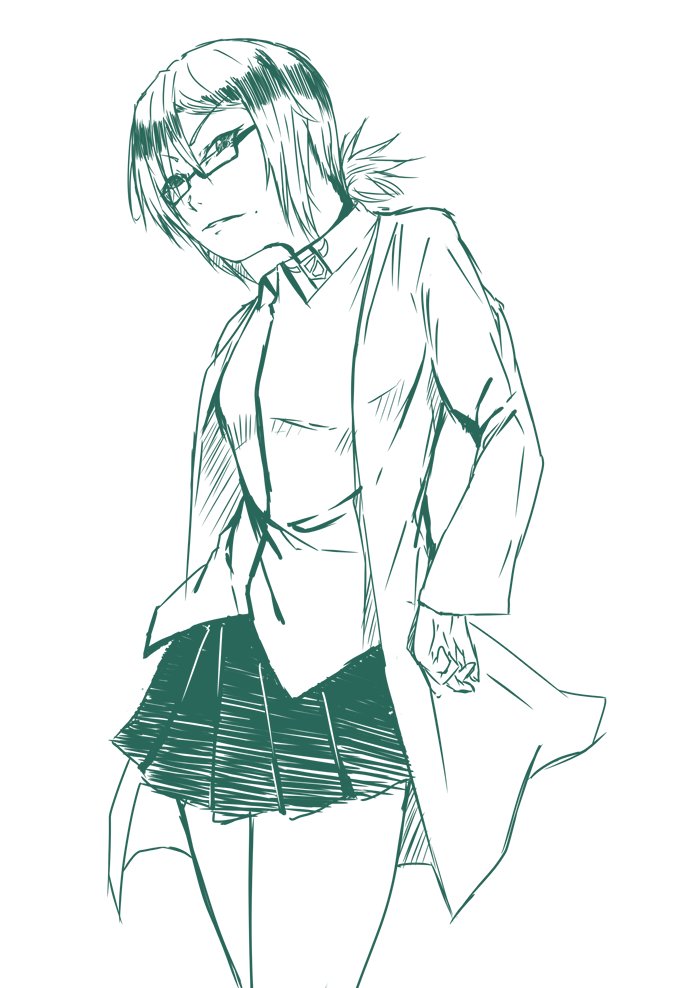 1girl, black_emperor, frown, girls_und_panzer, girls_und_panzer_little_army, glasses, jacket, miniskirt