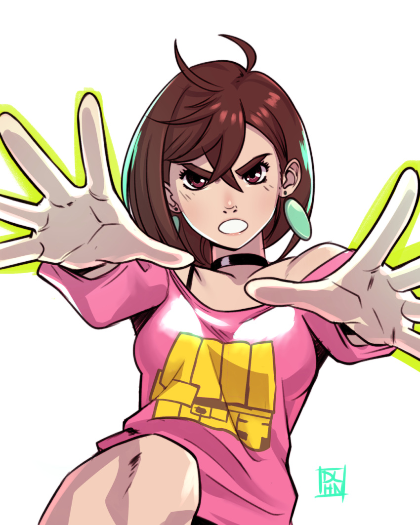 1girl, angry, artist_name, ayase_momo, bare_shoulders, black_choker, blush, bob_cut