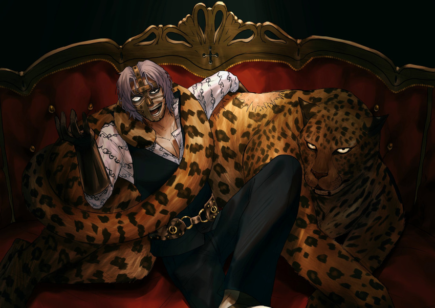 1boy, animal, couch, crossed_legs, evil_smile, gloves, grey_hair, highres