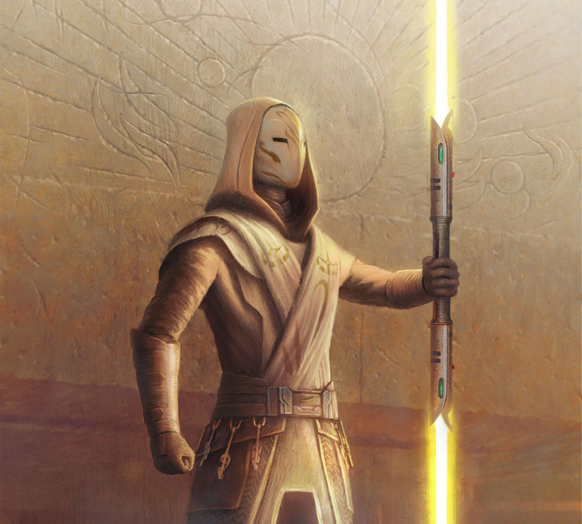 1boy, alexandr_elichev, clenched_hand, double_bladed_lightsaber, energy_sword, highres, holding_lightsaber, hood, lightsaber, mask, solo, standing, star_wars, sword, tunic, weapon, yellow_lightsaber