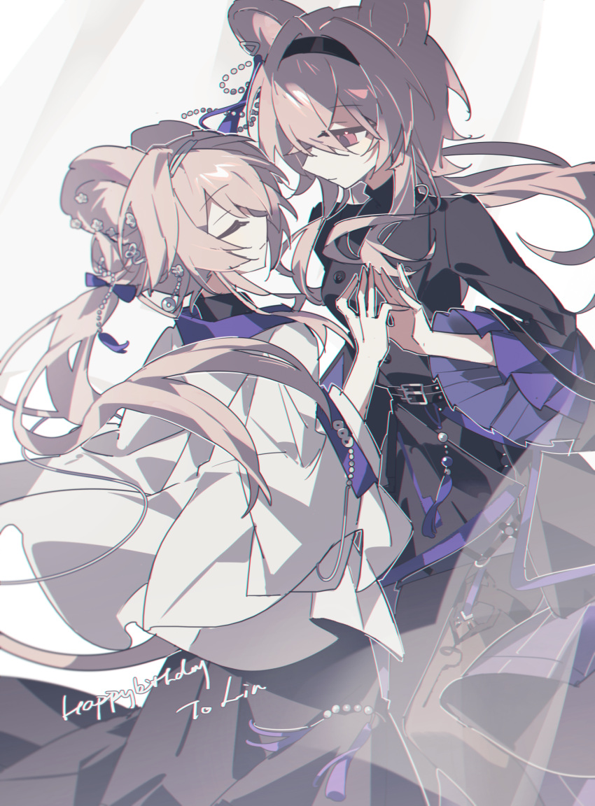 2girls, animal_ears, arknights, black_dress, black_hairband, bow, breasts, chinese_clothes