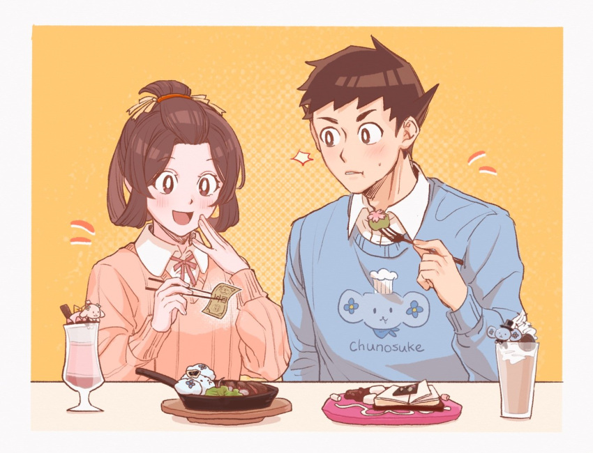 1boy, 1girl, 9105_y, ace_attorney, black_hair, blue_sweater, blush, bright_pupils