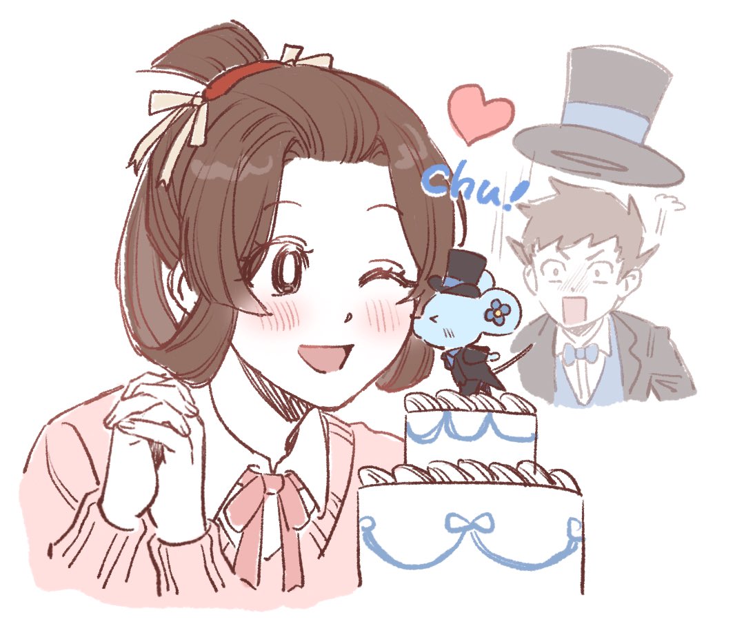 9105_y, ace_attorney, animal_ears, black_hat, black_jacket, blue_bow, blue_bowtie, blue_vest, bow, bowtie, brown_hair, cake, chuunosuke_(ace_attorney), collared_shirt, food, hair_rings, hat, heart, interlocked_fingers, jacket, kiss, kissing_cheek, korean_commentary, mouse_ears, mouse_tail, open_clothes, open_jacket, own_hands_together, pink_sweater, red_ribbon, ribbon, ryunosuke_naruhodo, shirt, short_hair, surprised, susato_mikotoba, sweater, tail, the_great_ace_attorney, top_hat, updo, vest, white_shirt