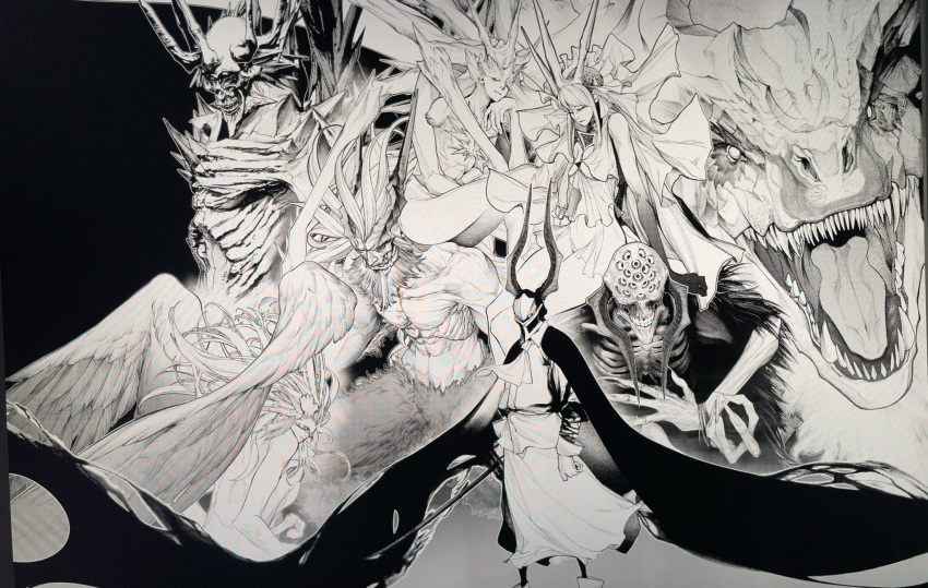 black_background, cape, closed_eyes, dragon, extra_eyes, greyscale, helmet, highres, holding, holding_sword, holding_weapon, horns, monochrome, multiple_boys, multiple_girls, muscular, muscular_male, original, sitting, standing, sword, weapon, wings, zawazawa0803
