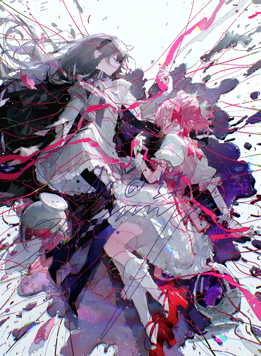 2girls, absurdres, akemi_homura, akemi_homura_(magical_girl), argyle_clothes, black_footwear, black_hair, boots