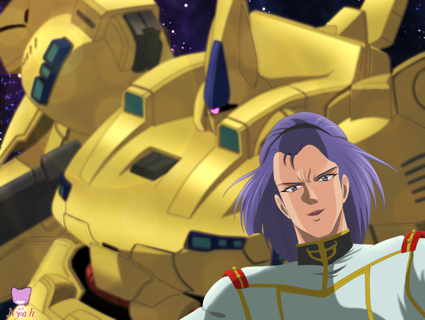 1980s_(style), absurdres, commentary_request, gundam, hairband, highres, long_hair, looking_at_viewer