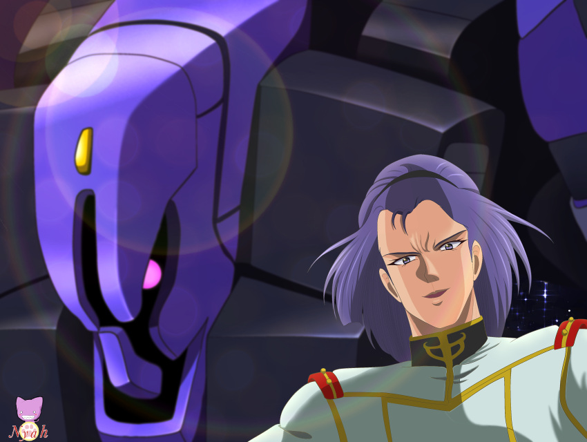 1980s_(style), 1boy, absurdres, gundam, hairband, highres, long_hair, looking_at_viewer