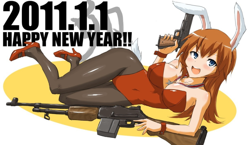 animal_ears, bar1918, blue_eyes, breasts, brown_hair, browning_automatic_rifle, bunny_ears, bunnysuit