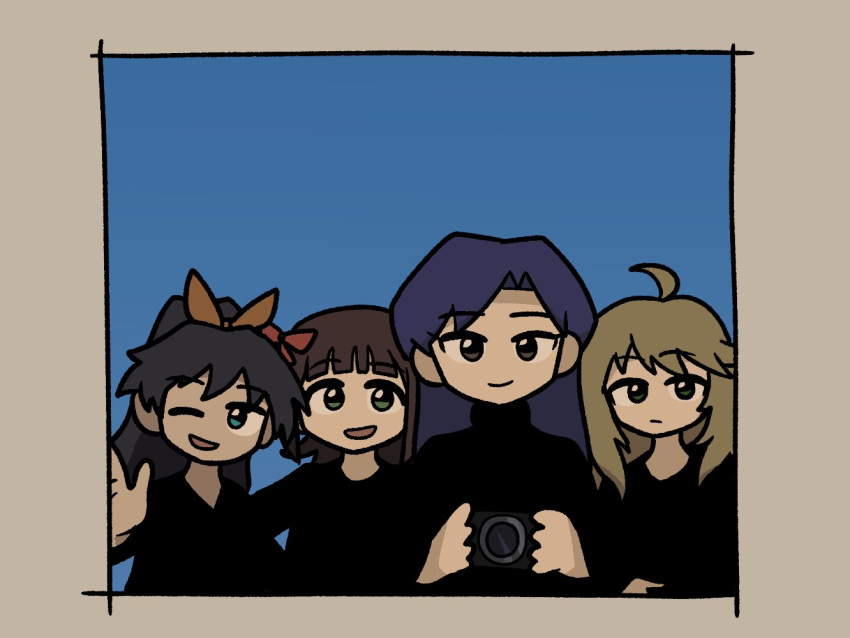 4girls, ahoge, amami_haruka, aqua_eyes, black_hair, black_shirt, blonde_hair, blue_background