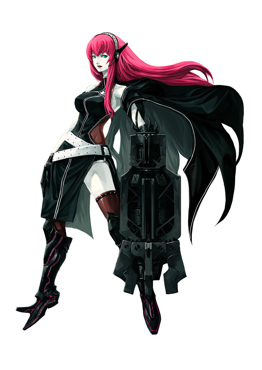 arm_cannon, armor, black_rock_shooter, blue_eyes, boots, cape, dress, gloves, green_eyes, hair_ornament, headphones, highres, lips, lipstick, long_hair, makeup, megurine_luka, parody, pink_hair, shonensan, side_slit, thigh-highs, thighhighs, vocaloid, white, white_skin