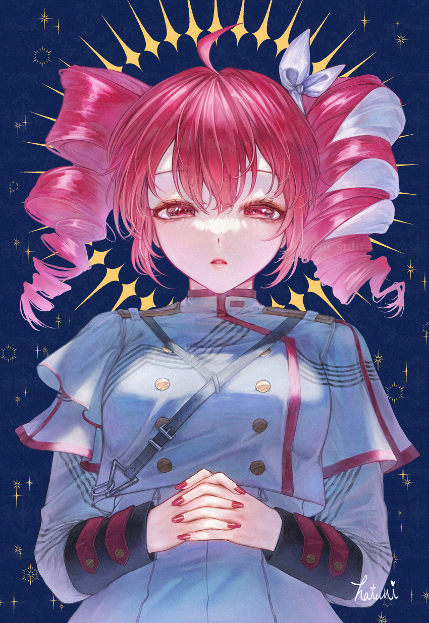 1girl, absurdres, ahoge, belt, black_belt, blue_background, bow, buttons