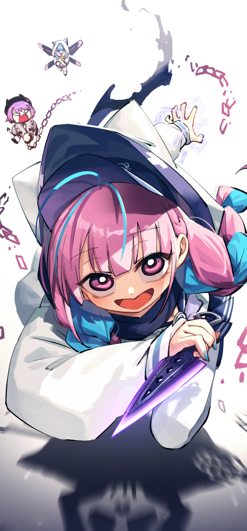 3girls, absurdres, adarin, ahoge, animal_hood, apex_legends, aqua_hair, aqua_nails, blue_sailor_collar, blue_skirt, braid, bright_pupils, broken, broken_chain, cat_hood, chain, choppy_bangs, commentary, cosplay, dashing, different_shadow, fanged_bangs, fighting_stance, hair_over_shoulder, highres, holding, holding_knife, hololive, hood, hood_up, hooded_jacket, hope's_dusk_(apex_legends), hoshimachi_suisei, hoshimachi_suisei_(school_uniform), jacket, knife, kunai, long_hair, long_sleeves, looking_at_viewer, low_twin_braids, minato_aqua, minato_aqua_(sailor), miniskirt, motion_blur, multicolored_hair, multiple_girls, official_alternate_costume, official_alternate_hairstyle, open_clothes, open_jacket, open_mouth, pantyhose, pink_eyes, pink_hair, pleated_skirt, sailor_collar, school_uniform, serafuku, shirt, simple_background, skirt, solo_focus, startend_(hololive), streaked_hair, tokoyami_towa, tokoyami_towa_(jirai_kei), twin_braids, two-tone_hair, valkyrie_(apex_legends), valkyrie_(apex_legends)_(cosplay), virtual_youtuber, weapon, white_background, white_jacket, white_pantyhose, white_pupils, white_shirt, wraith_(apex_legends), wraith_(apex_legends)_(cosplay)
