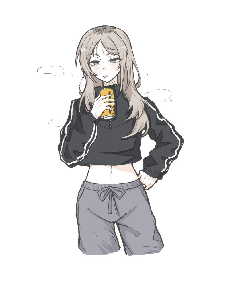 1girl, black_sweater, blush, can, canned_coffee, chinese_commentary, commentary_request, cropped_sweater