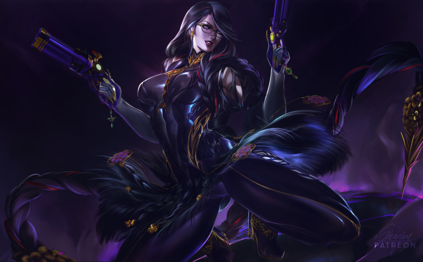 1girl, bayonetta, bayonetta_(series), bayonetta_3, black_hair, dual_wielding, elbow_gloves, glasses