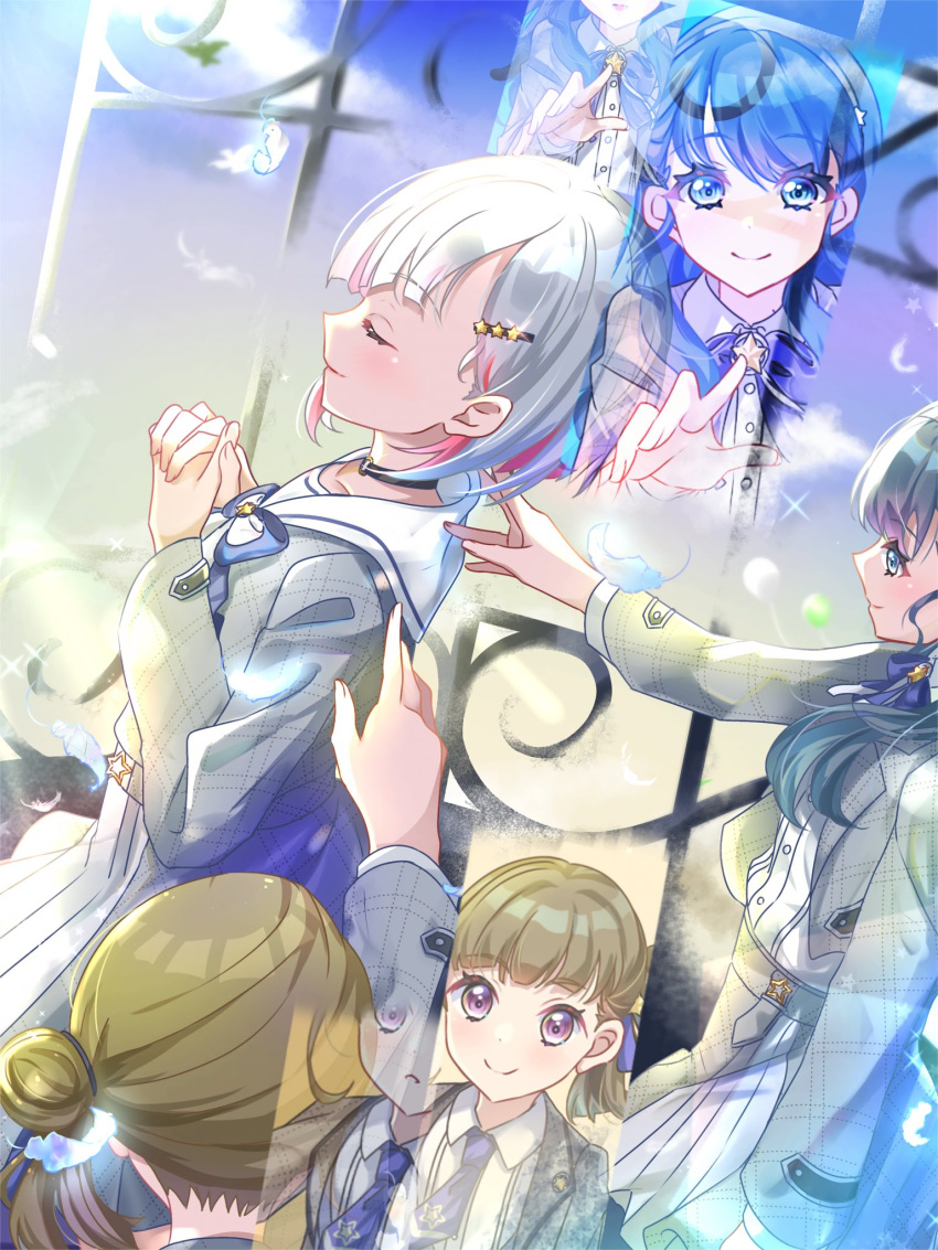 3girls, birdcage, birdcage_(love_live!), black_choker, blue_eyes, blue_hair, blue_necktie, bob_cut, brown_hair, cage, center-flap_bangs, choker, closed_eyes, closed_mouth, collared_shirt, commentary, dark_blue_hair, diagonal_bangs, dollchestra, dress, dress_shirt, grey_dress, grey_hair, grey_jacket, hair_bun, hair_ornament, hairclip, half_updo, highres, inverted_bob, jacket, kachimachi_kosuzu, link!_like!_love_live!, long_hair, long_sleeves, love_live!, multicolored_hair, multiple_girls, murano_sayaka, necktie, o-ring, o-ring_choker, official_alternate_costume, official_alternate_hairstyle, pink_eyes, pink_hair, profile, sailor_collar, sailor_dress, sakari_(pear_8_ll), shirt, short_hair, short_necktie, short_sidetail, side_ponytail, single_side_bun, smile, split_mouth, star_(symbol), star_hair_ornament, streaked_hair, virtual_youtuber, white_sailor_collar, white_shirt, yugiri_tsuzuri