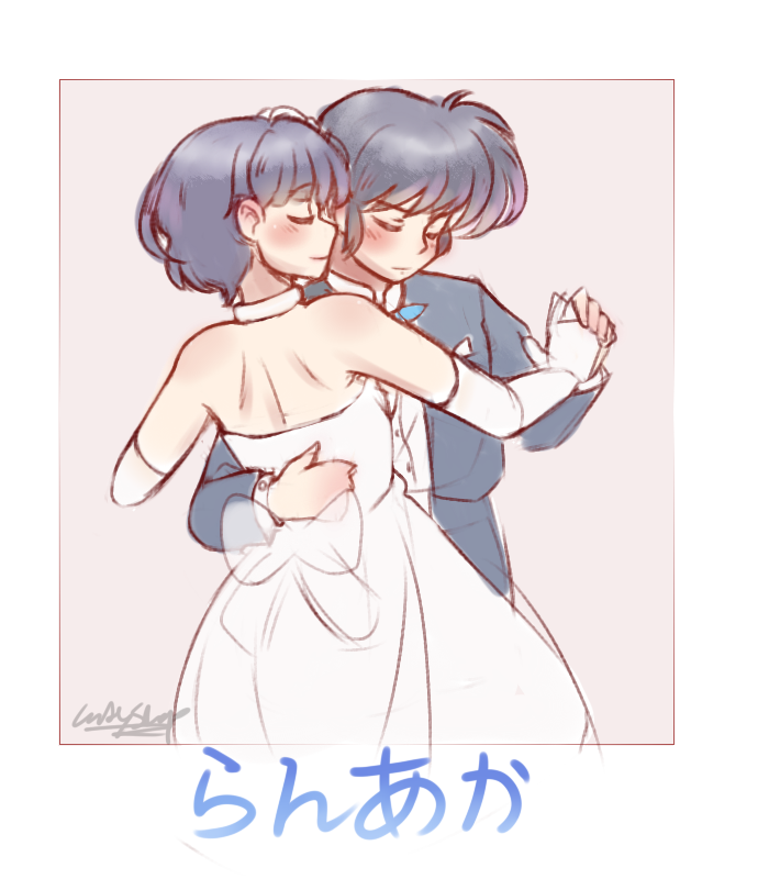 1boy, 1girl, arm_around_shoulder, arms_around_waist, artist_name, backless_dress, backless_outfit, bare_back