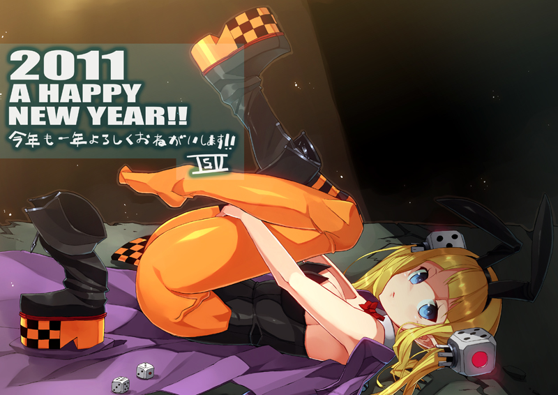 blonde_hair, blue_eyes, boots, bunny_ears, bunnysuit, is_ii, mismatched_legwear, orange_legwear