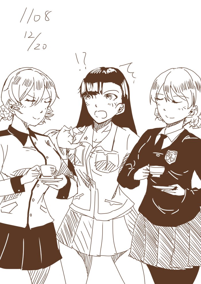 3girls, black_emperor, black_pantyhose, blush, braid, chi-hatan_military_uniform, coffee_mug, collared_shirt