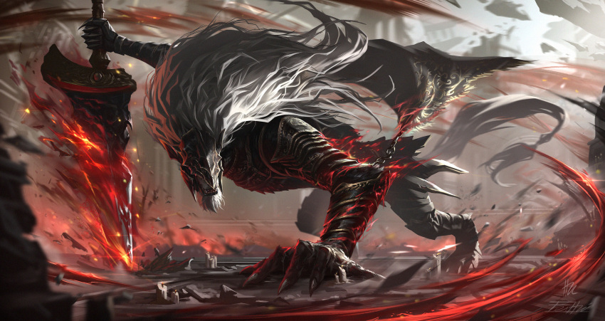 1boy, armor, armored_animal, aura, black_armor, black_helmet, claws, commentary