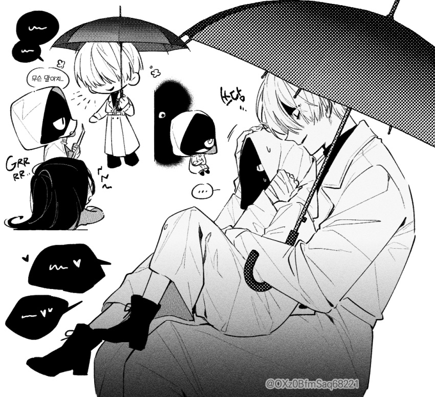 1girl, 3boys, bandaged_hand, bandages, boots, coat, eyes_in_shadow, greyscale