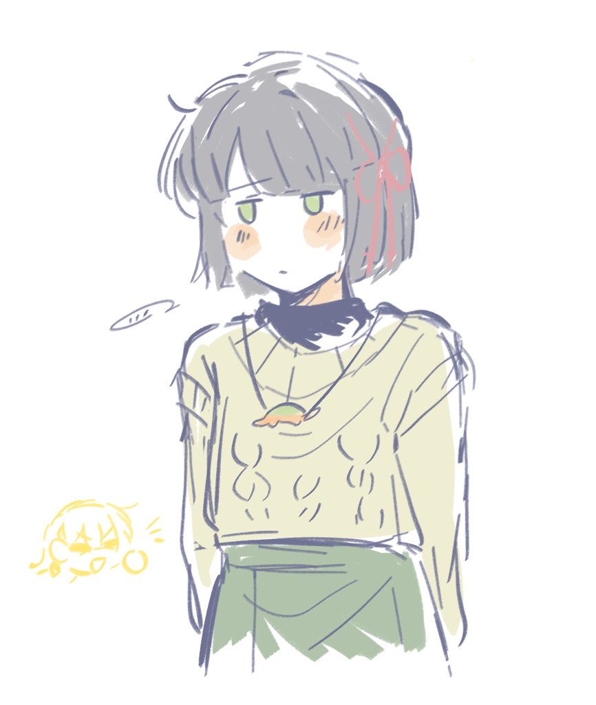 ..., 2girls, :d, aran_sweater, arms_behind_back, averting_eyes, black_hair, black_shirt, blunt_bangs, blunt_ends, blush, blush_stickers, brown_sweater, cable_knit, casual, chibi, chibi_inset, chinese_commentary, closed_eyes, closed_mouth, commentary_request, cosplay, cropped_torso, flower_knot, green_eyes, green_skirt, head_only, jewelry, jitome, kachimachi_kosuzu, kachimachi_kosuzu_(cosplay), link!_like!_love_live!, long_sleeves, looking_to_the_side, love_live!, momose_ginko, multiple_girls, necklace, shirt, short_hair, sideways_glance, simple_background, skirt, smile, solo_focus, speech_bubble, spoken_ellipsis, sweater, virtual_youtuber, white_background, woodonly