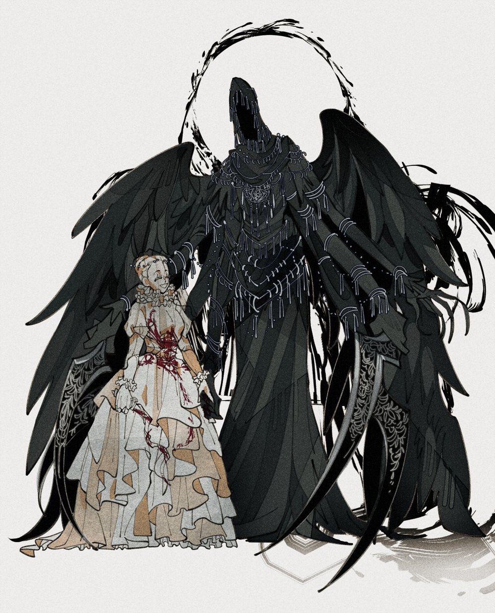 2girls, black_robe, black_wings, blood, blood_on_hands, blood_on_stomach, blood_splatter, bloodborne