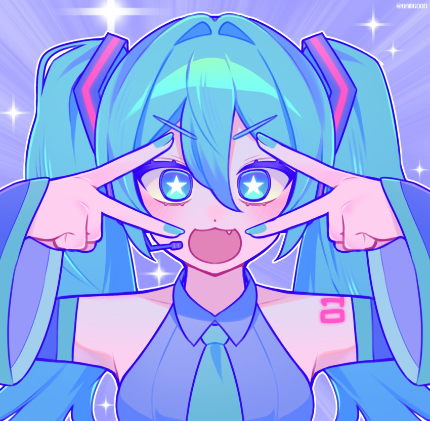 1girl, aqua_eyes, aqua_hair, aqua_nails, aqua_necktie, aqua_trim, bamg00n, black_sleeves, commentary_request, detached_sleeves, double_inward_v, double_v, fang, grey_shirt, hatsune_miku, highres, inward_v, korean_commentary, large_syringe, long_hair, looking_at_viewer, m@gical_cure!_love_shot!_(vocaloid), meme, miku_miku_beaaaam!!_(meme), necktie, number_tattoo, open_mouth, oversized_object, shirt, skin_fang, sleeveless, sleeveless_shirt, smile, solo, star-shaped_pupils, star_(symbol), symbol-shaped_pupils, syringe, tattoo, twintails, v, v_over_eye, very_long_hair, vocaloid