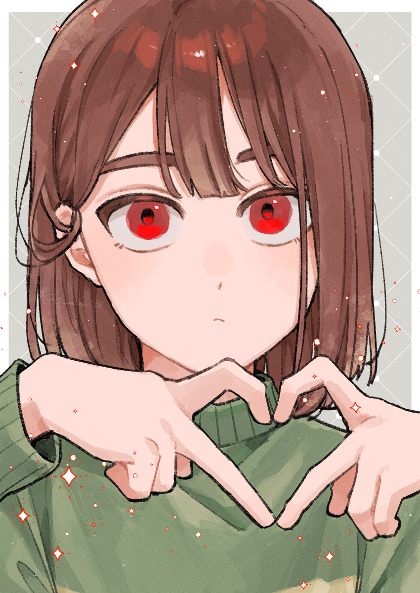 1other, 4-finger_heart_hands, absurdres, ake_blood, bob_cut, brown_hair, center-flap_bangs, chara_(undertale)