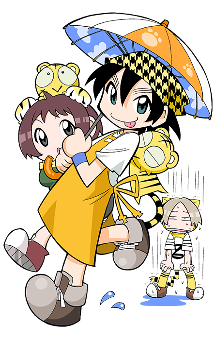 :>, :p, animal_ear_fluff, animal_ear_hood, animal_ears, animal_print, apron, black_eyes
