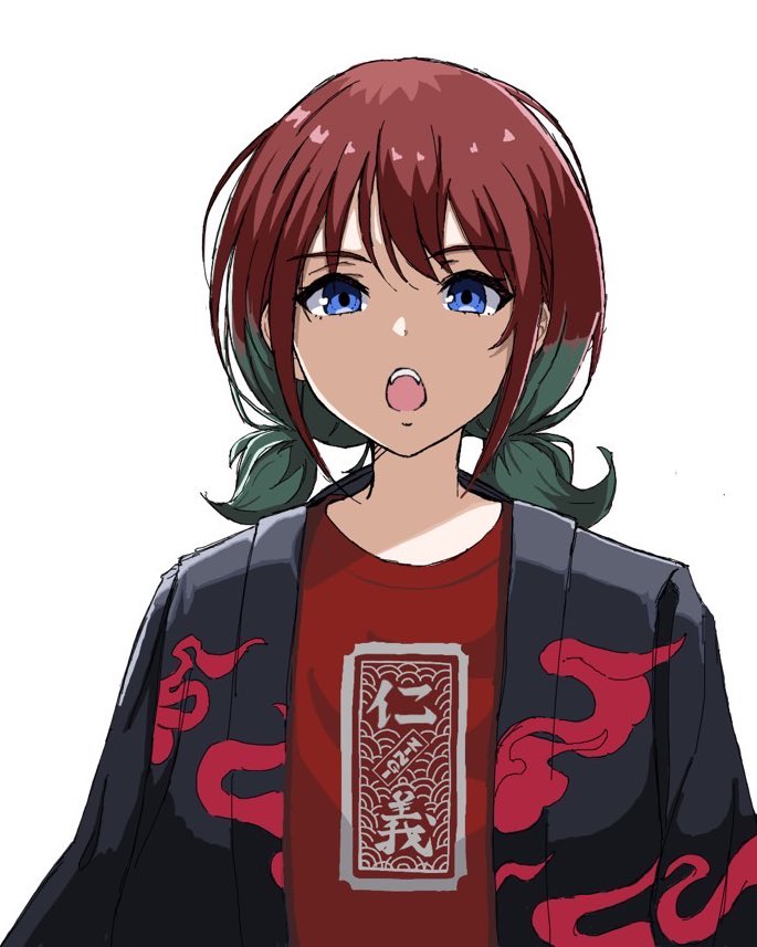 1girl, black_haori, blue_eyes, blue_hair, commentary_request, girls_band_cry, haori, iseri_nina, jacket, japanese_clothes, kuuhaku_to_catharsis, looking_at_viewer, low_twintails, multicolored_hair, ngn_mahiro, open_clothes, open_jacket, open_mouth, red_shirt, redhead, roots_(hair), shirt, short_hair, short_twintails, sidelocks, simple_background, solo, teeth, twintails, two-tone_hair, upper_body, upper_teeth_only, white_background