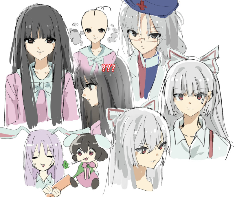 4girls, ?, ??, animal_ears, bald, black_eyes, black_hair, blue_hat