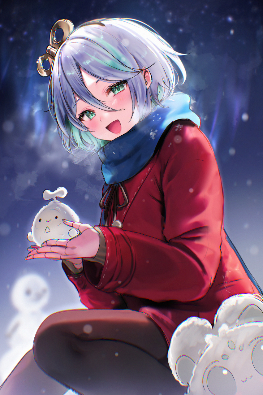 1girl, absurdres, alternate_costume, aurora, black_pants, blue_scarf, bow, cecilia_immergreen