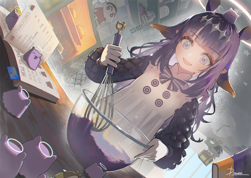 1girl, :d, aircraft, apron, baking, baking_sheet, blunt_bangs, book