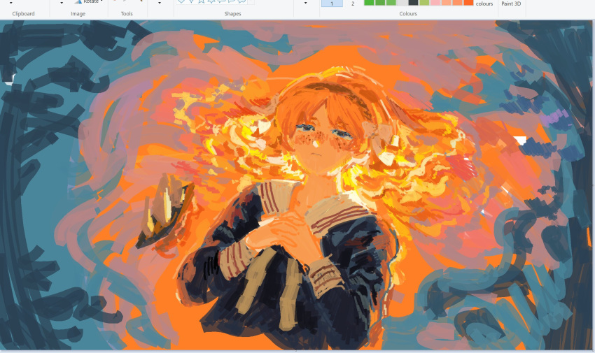 1girl, afloat, black_shirt, blush, fiery_hair, floating_hair, freckles, g1a1c2a1e2e2d2